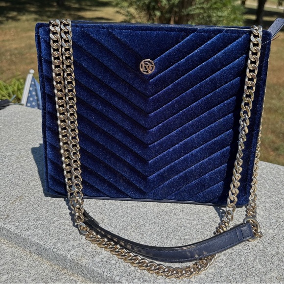 Handbags - LaDiva Navy Velvet Shoulder Bag with Gold Chain crossbody